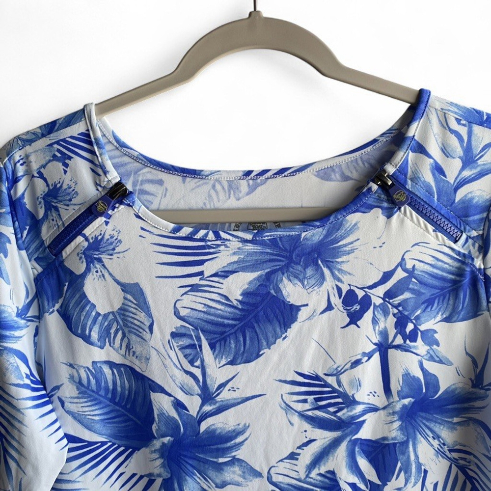 BANANA BOAT Blue White Floral Zip Shoulder UPF 50+ Long Sleeve‎ Dress Size Large - Picture 5 of 6